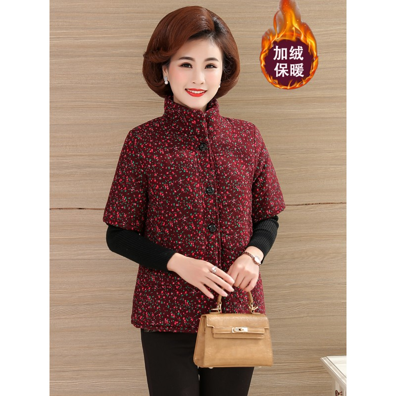 妈妈秋冬季加绒加厚带袖马甲棉衣奶奶保暖马夹中老年人女纯棉棉袄