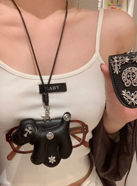 甜黑色小狗十字架磁吸眼镜夹项链女长款挂脖墨镜夹颈链配饰毛衣