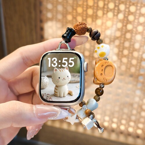 檀木小猫适用vivowatchgt2表带串珠创意腕带iQOOgt2专用女款一二代智能运动配件苹果小米华为红米手环菩提