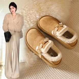 厚底加绒全包勃肯鞋女冬2025新款一脚蹬乐福棉鞋保暖雪地靴34防水