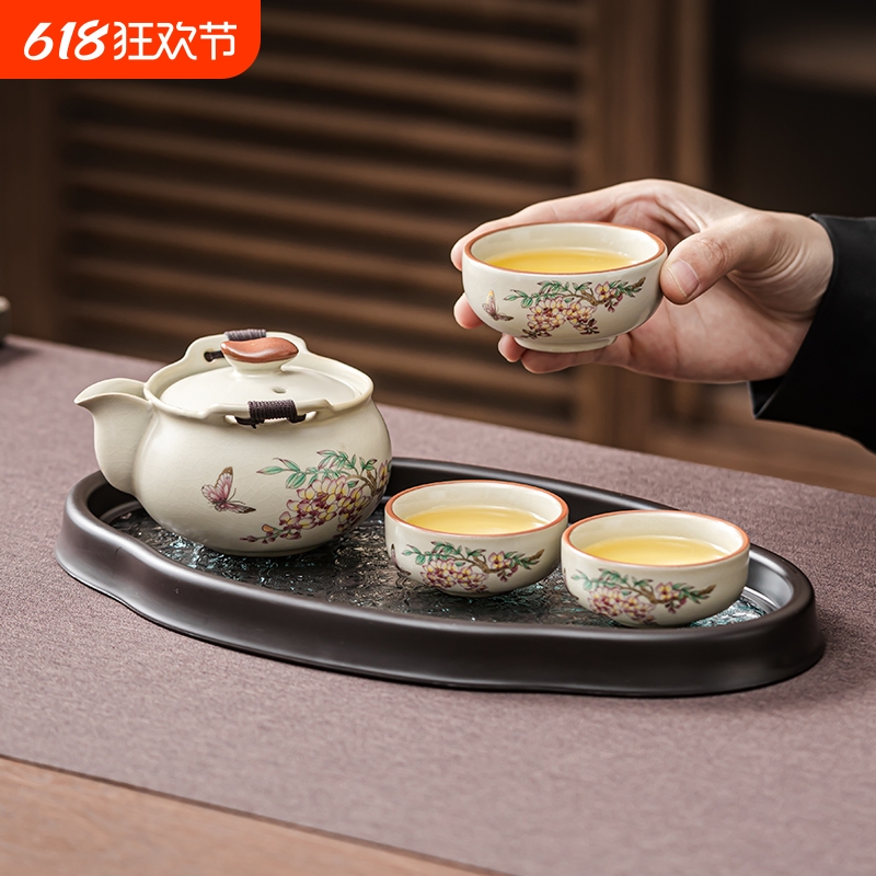 汝窑手抓壶盖碗一壶三杯高档泡茶器防烫茶碗家用户外整套功夫茶具