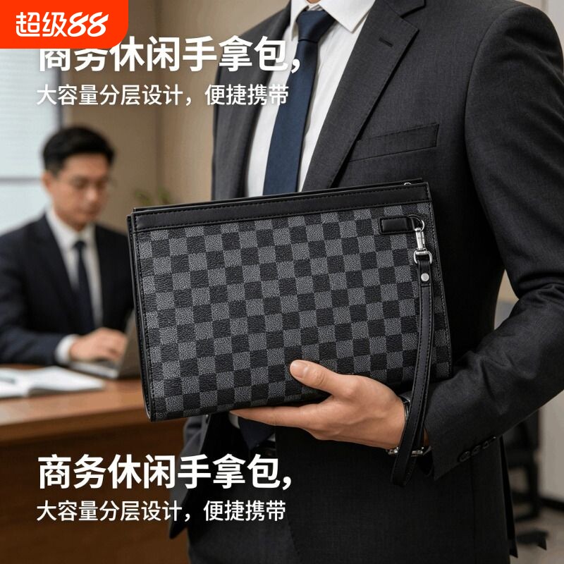 手包男手拿包大容量夹包男士手拎包格子商务休闲手抓包男新款钱包