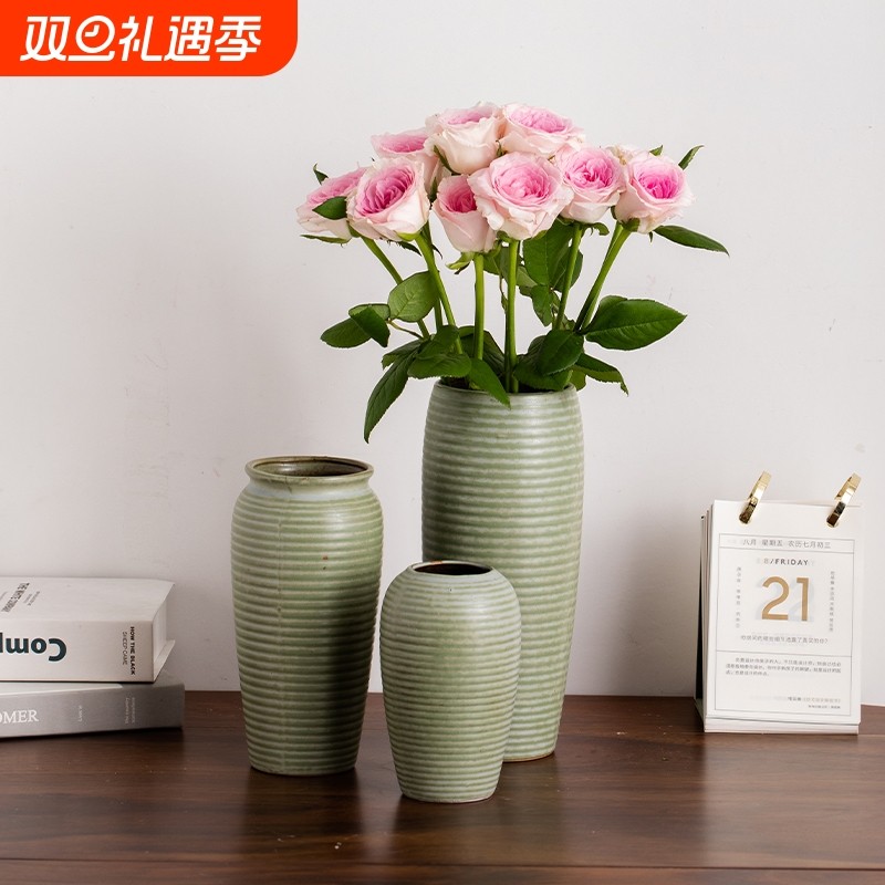 复古绿陶瓷花瓶仿真花水培客厅插花摆件轻奢高级感陶罐玄关电视柜