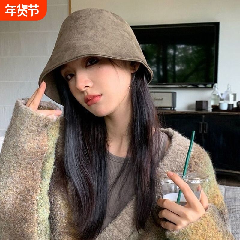 麂皮绒渔夫帽子2025新款女秋冬百搭显脸小素颜盆帽气质遮脸水桶帽