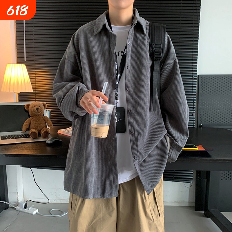 复古钓月郎灯芯绒衬衫男日系cityboy长袖衬衣春秋季薄款外套上