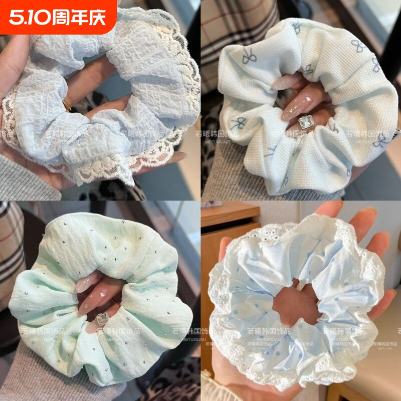 甜美蓝色系蕾丝发圈超仙少女百搭大肠发圈韩版蝴蝶结马尾扎头发饰