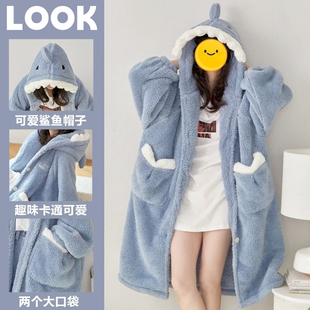 家居服加绒鲨鱼 加厚秋冬睡裙长睡袍套装 珊瑚绒睡衣女冬季 2026男士