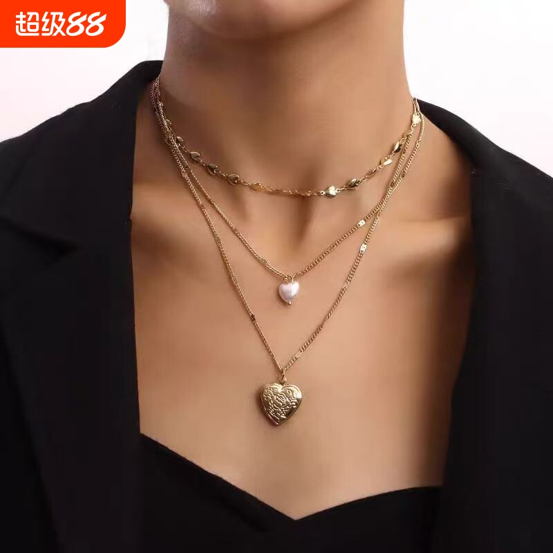 欧美爱心珍珠项链女甜酷风多层叠戴气质颈链复古个性桃心锁骨链潮