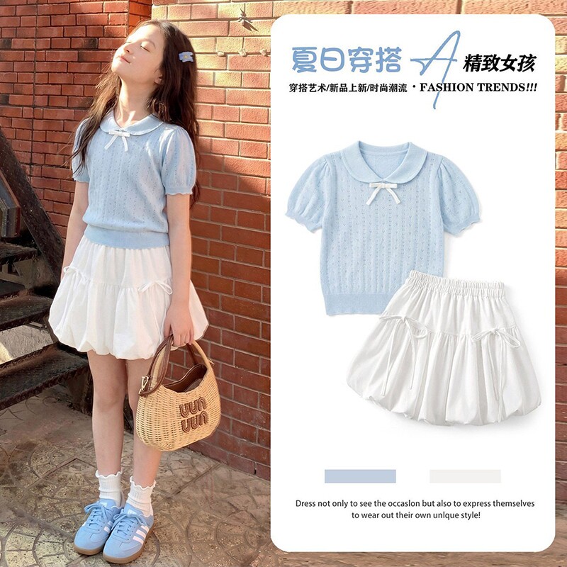 女童夏套装针织上衣花苞裙两件套图片