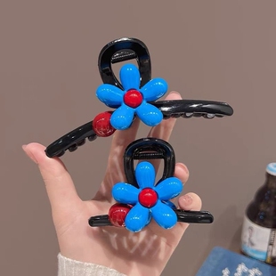 蓝色花朵头发抓夹女大号鲨鱼夹2026新款 发量大高级感发夹发饰韩系