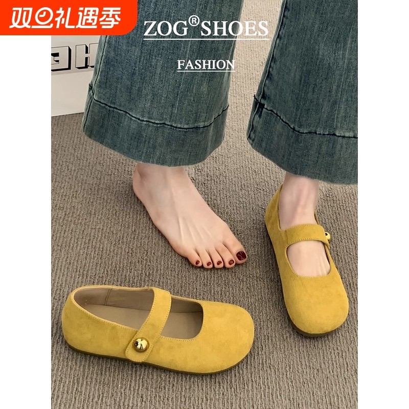 黄色勃肯鞋女2025新款春秋季单鞋平底玛丽珍女鞋子复古豆豆鞋浅口