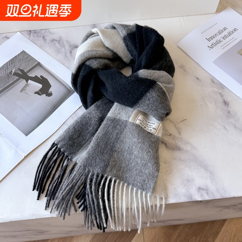 圣诞高档100%羊毛围巾男冬季百搭围脖羊绒保暖情侣生日礼物黑白