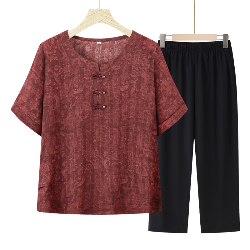 中老年人女夏装套装奶奶纯棉T恤短袖两件套老年妈妈衣服上衣薄款