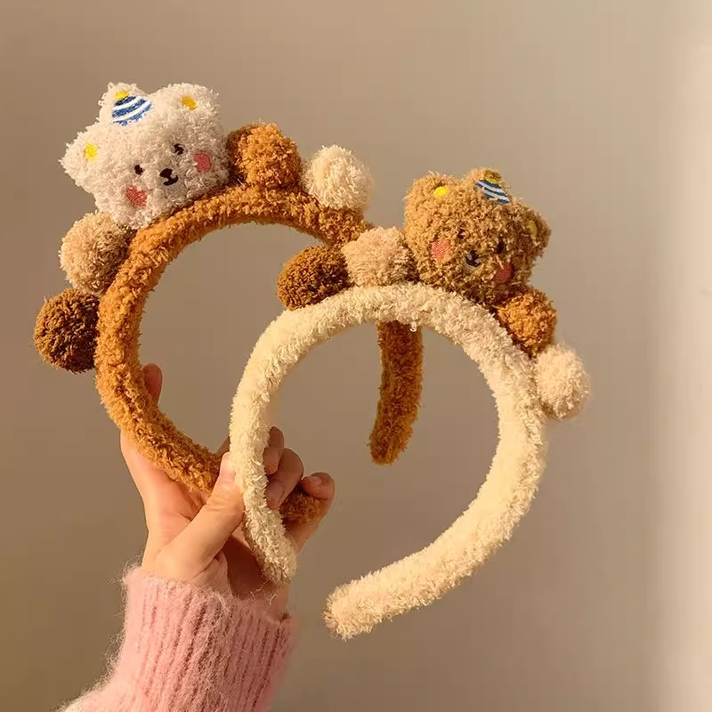 咖色小熊毛绒发箍女高颅顶洗脸敷面膜专用毛茸茸毛毛头箍发卡头饰