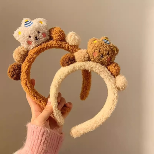 咖色小熊毛绒发箍女高颅顶洗脸敷面膜专用毛茸茸毛毛头箍发卡头饰