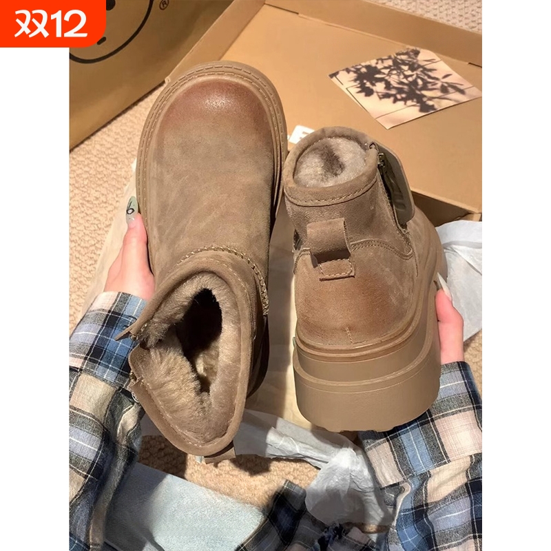 真皮雪地靴女2025冬季新款皮毛一体短靴加绒保暖防水东北卡其色