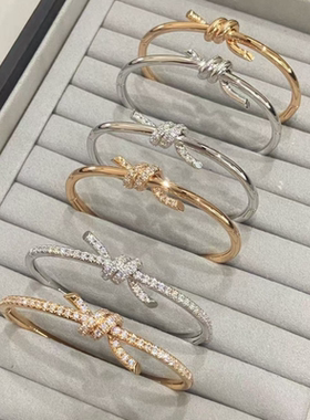 时尚轻奢简约扭绳结镶钻石手镯镀厚金重工珠宝级高质感玫瑰金