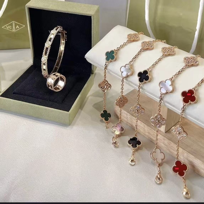 红玉髓镭射四叶草五花手链女18K玫瑰金礼物贝母黄金首饰紫玉髓