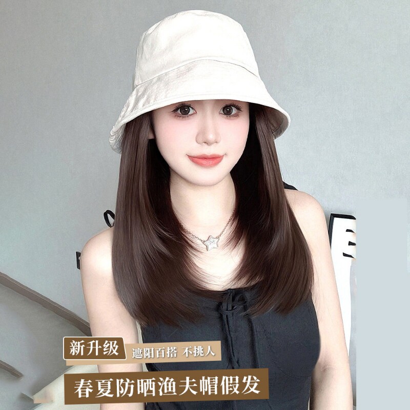 假发帽子女款2026新款一体轻薄时尚防晒层次短发夏天渔夫帽头套帽图片