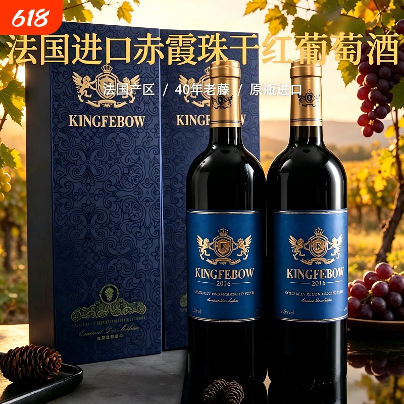 法国原瓶进口红酒帝菲堡精选干红葡萄酒13.5度高档2支礼盒装送礼