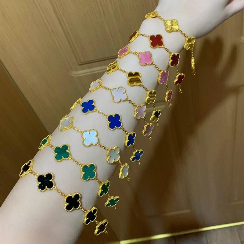 不掉色四叶草五花手链女红玛瑙手饰轻奢礼物黄金紫玉髓贝母白金