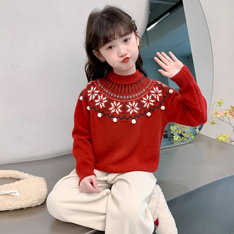 女童红色毛衣冬季加厚儿童打底衫秋冬中大童针织上衣冬装女孩线衣