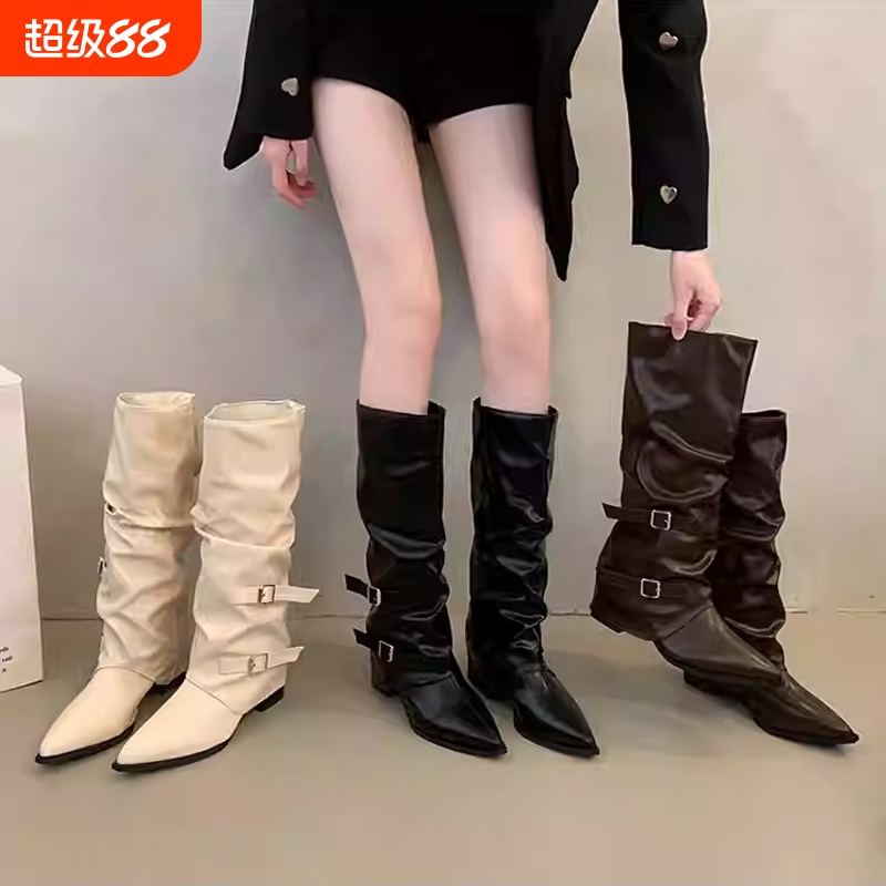 粗跟高跟高筒靴女2025新款春秋季尖头堆堆靴长筒靴子裤管靴骑士靴
