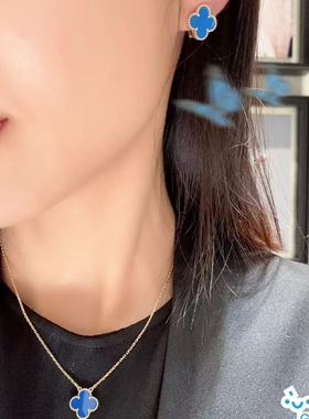 社交无压力顶级高定品质浅色蓝玛瑙四叶草项链蓝玛瑙手链十花项链
