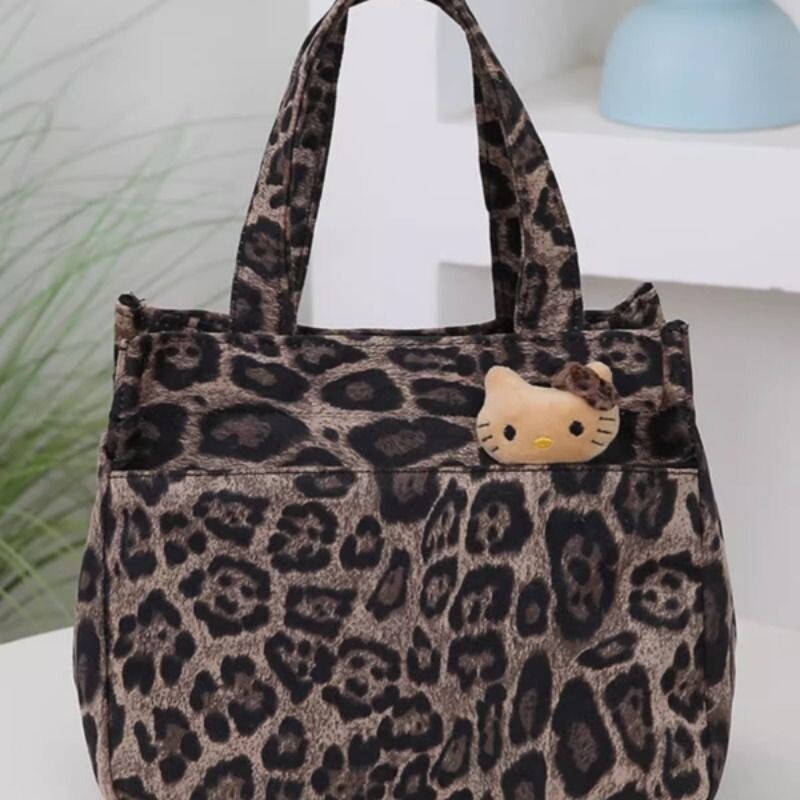 秋冬新款豹纹时尚拉链款妈咪包饭盒包上班通勤包手提帆布提包棕色