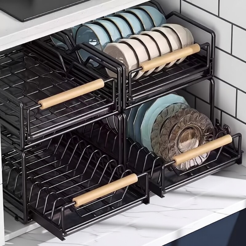 厨房碗碟收纳架橱柜内置物架抽屉式拉篮抽拉碗篮放碗盘沥水碗架子