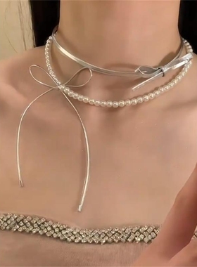 银色皮绳甜酷风项链蝴蝶结珍珠