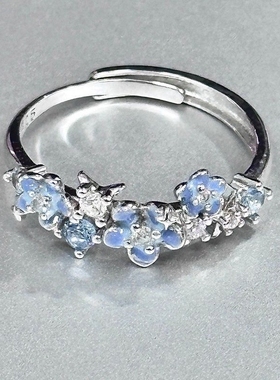 “星辰花戒”花朵小繁蓝色可调节银色戒指女甜美小众食指戒不掉色