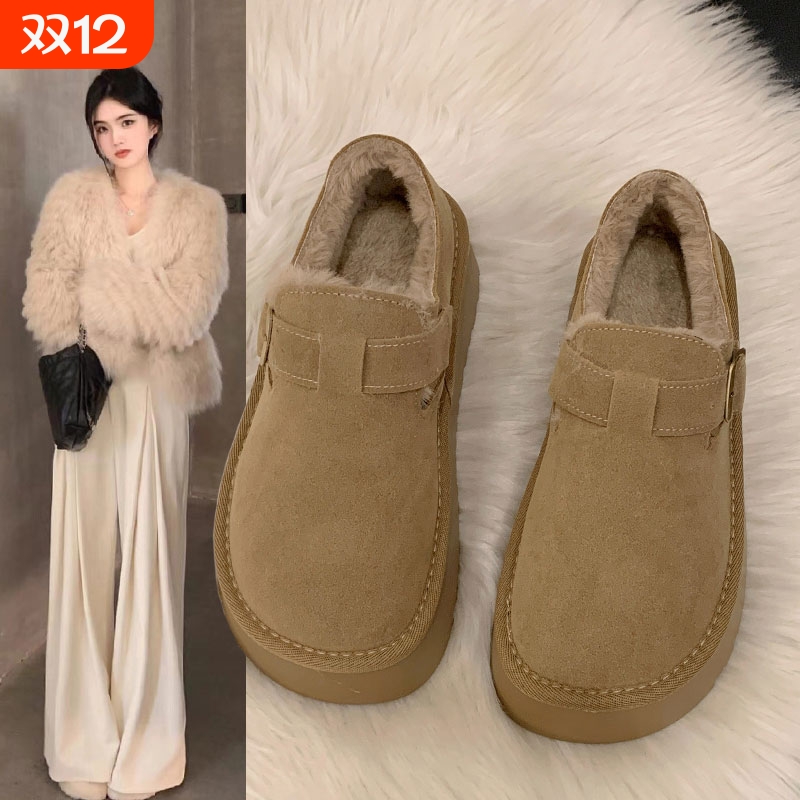 加绒加厚豆豆鞋勃肯鞋女2025冬季厚底乐福鞋复古博肯棉鞋子雪地靴