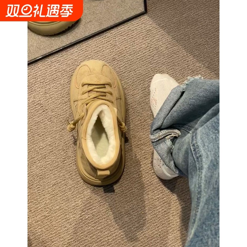 丑萌大头厚底雪地靴女冬季加绒保暖一脚蹬东北轻便防滑棉鞋棕色