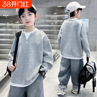 童装男童卫衣春秋款2026秋季打底衫儿童男孩冬装上衣加绒黑色灰色