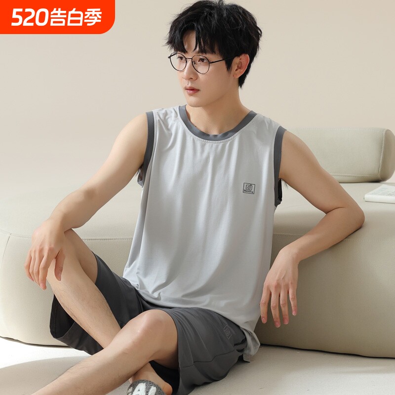 背心短裤睡衣男款夏季无袖套装莫代尔棉绸冰丝男士男生大码家居服