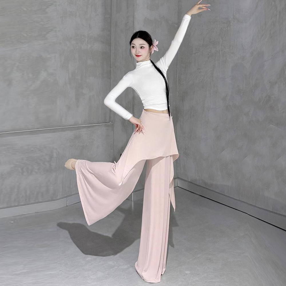 阔腿裤舞蹈屁帘假两件裙裤瑜伽现代舞裤子练功服长裤上衣白色黑色