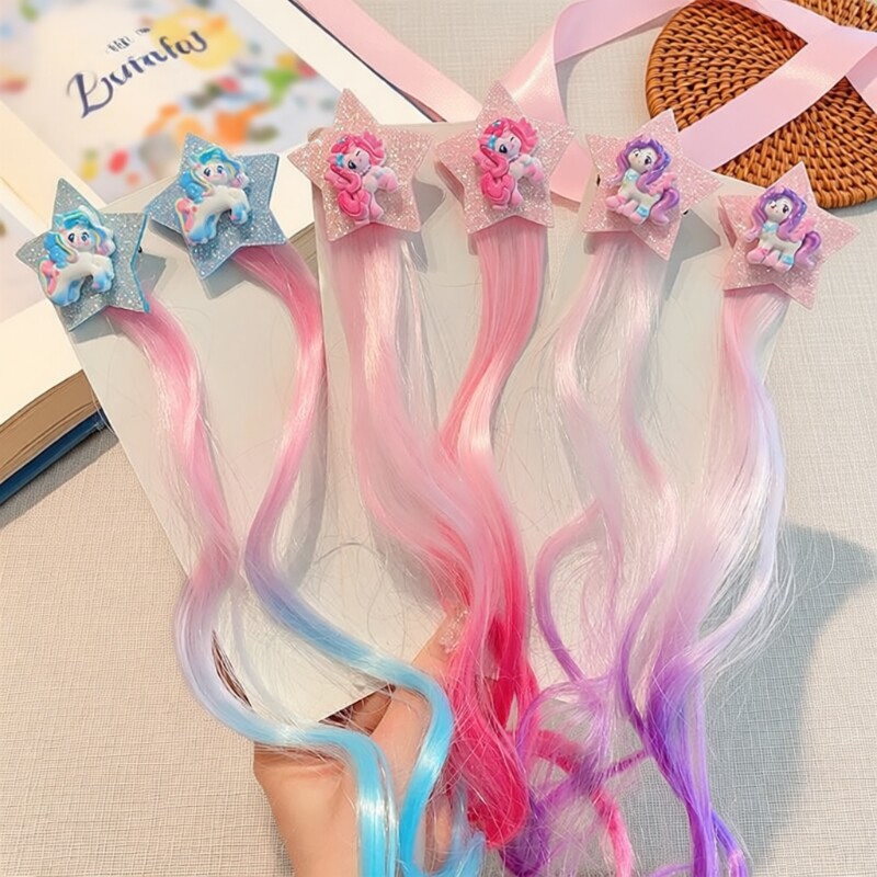 小马宝莉儿童发夹假发片五角星挑染假发可爱公主辫编发夹宝宝发饰