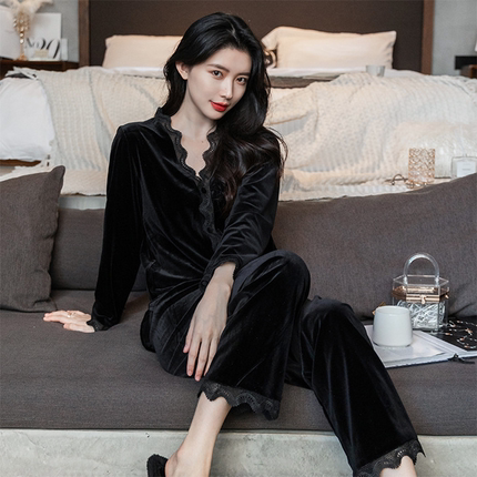 金丝绒睡衣女款性感春秋款长袖黑色秋冬款2024年新款家居服精致