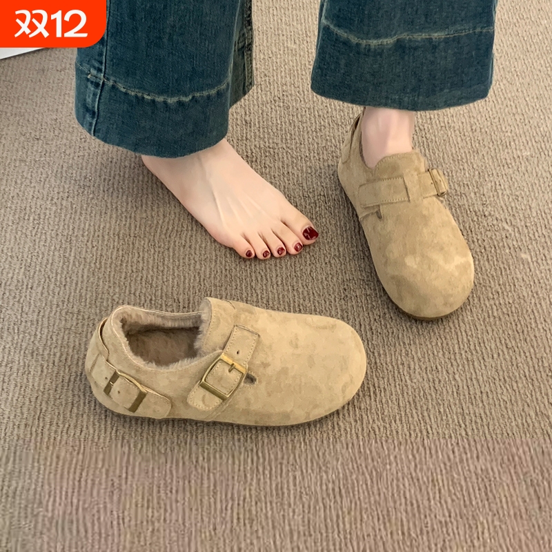 勃肯鞋女棉鞋2025新款秋冬一脚蹬毛毛鞋冬季加绒豆豆鞋保暖女鞋子