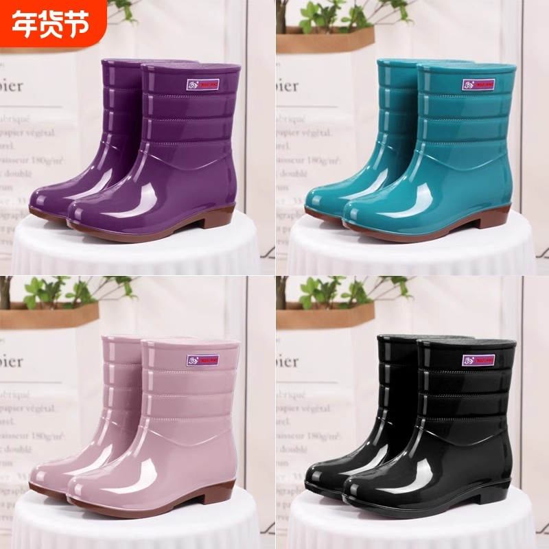 中筒水鞋女款高筒雨鞋女成人厨房鞋防水胶鞋保洁劳保加棉保暖雨靴