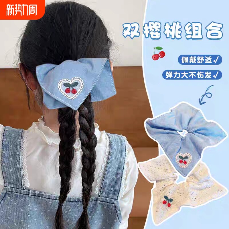 清新甜美蓝白格子樱桃方巾发圈发箍女简约气质大肠圈发圈头绳发饰