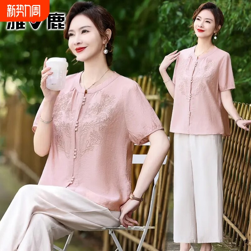 雅鹿正品妈妈夏季洋气国风短袖女夏装时尚中老年新中式上衣服衬衫