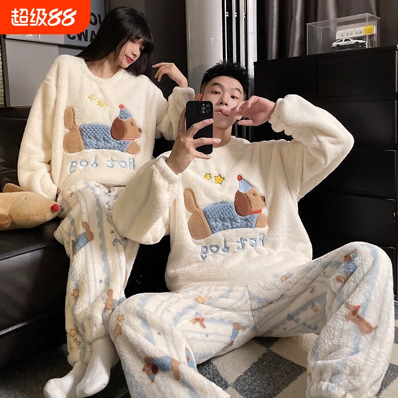 新款腊肠狗秋冬季情侣睡衣女款珊瑚绒加绒加厚卡通可爱家居服套装
