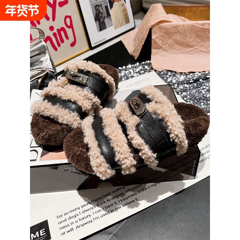 欧货羊羔毛毛鞋金属扣搭扣露趾一字凉鞋托外穿平底鞋拖鞋勃肯女鞋,女鞋,毛毛鞋,淘宝优惠券,粉丝福利购,淘宝优惠卷
