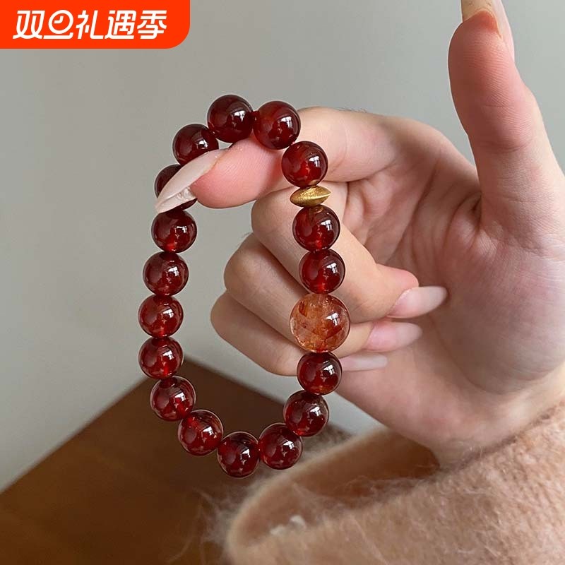 天然红玛瑙红胶花水晶手串女款单圈时尚百搭送女友闺蜜生日礼物