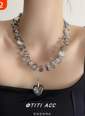 法式复古不规则水晶串珠项链女小众高级感双层叠戴爱心吊坠锁骨链