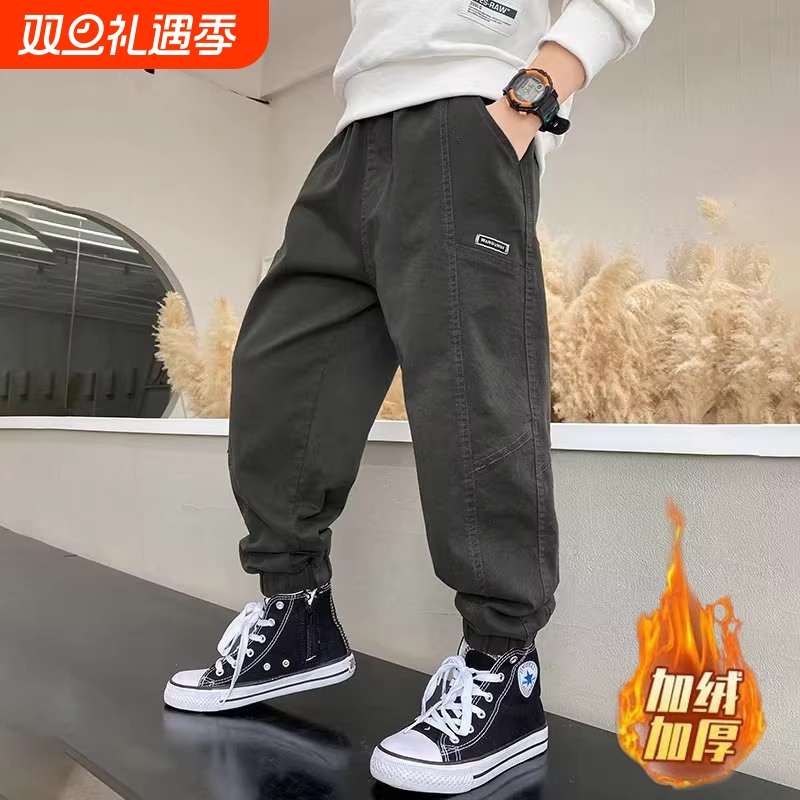 童裤男童工装裤秋冬加绒新款现货童装中大童休闲束脚裤帅气潮黑色