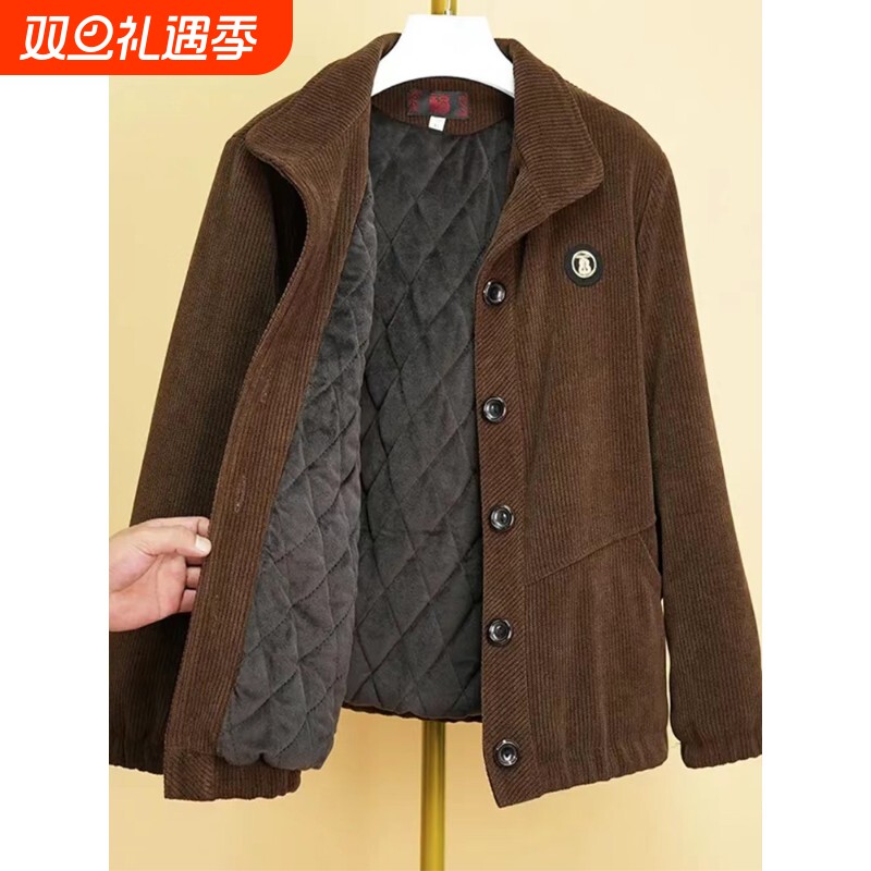 妈妈秋冬外套条绒纯色加绒上衣中老年女装灯芯绒翻领扣子开衫夹克