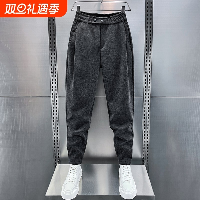 秋冬新款毛呢休闲裤男士加厚高级感小脚哈伦裤宽松痞帅纯色运动裤